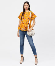 Yellow printed short sleeve with a gathered peplum style top