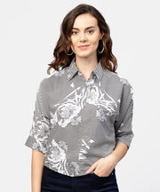 Black printed short sleeve top with shirt collor