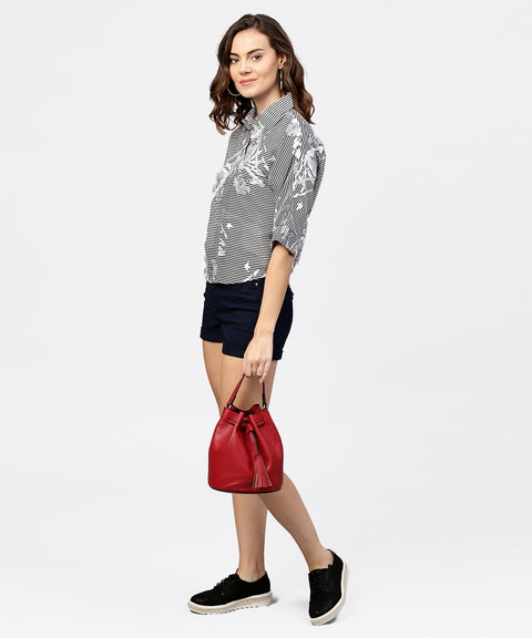 Black printed short sleeve top with shirt collor