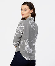 Black printed short sleeve top with shirt collor