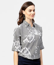 Black printed short sleeve top with shirt collor