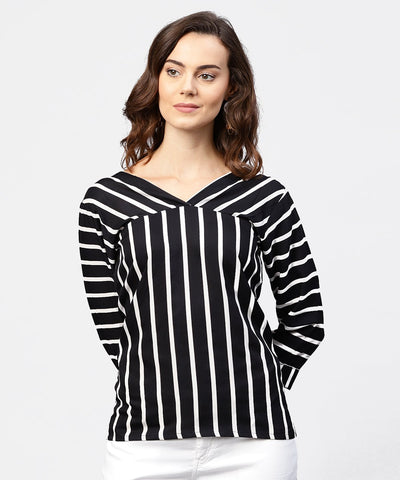 Black striped 3/4th sleeve shirt style top