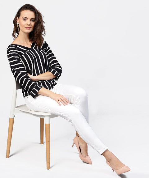 Black striped 3/4th sleeve shirt style top