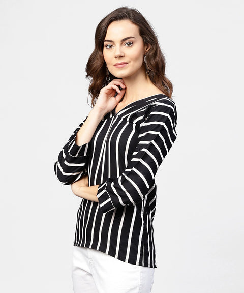 Black striped 3/4th sleeve shirt style top