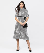 Black striped cuff style half sleeve A-line open placket dress with belt