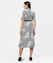 Black striped cuff style half sleeve A-line open placket dress with belt