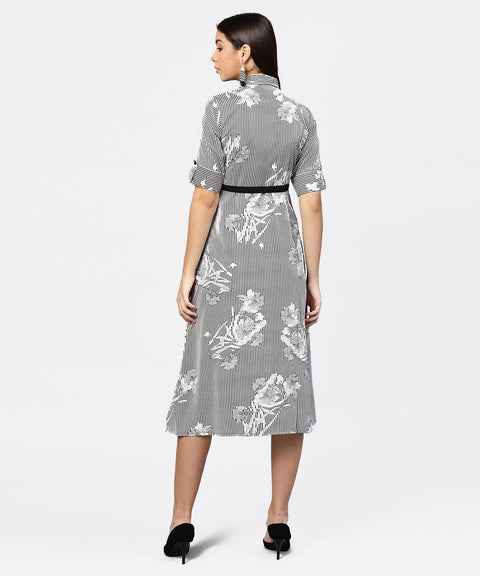 Black striped cuff style half sleeve A-line open placket dress with belt