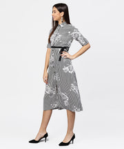 Black striped cuff style half sleeve A-line open placket dress with belt