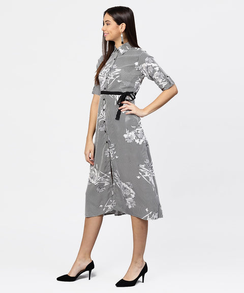 Black striped cuff style half sleeve A-line open placket dress with belt