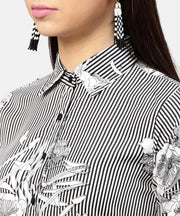 Black striped cuff style half sleeve A-line open placket dress with belt