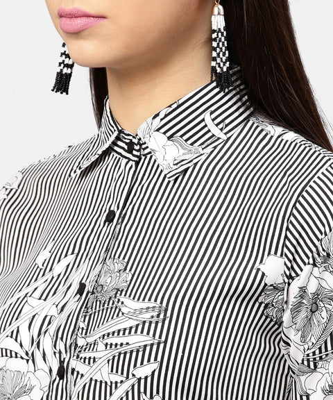 Black striped cuff style half sleeve A-line open placket dress with belt