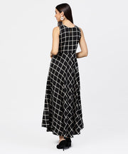 Black check sleeveless A-line maxi dress with slit on the front