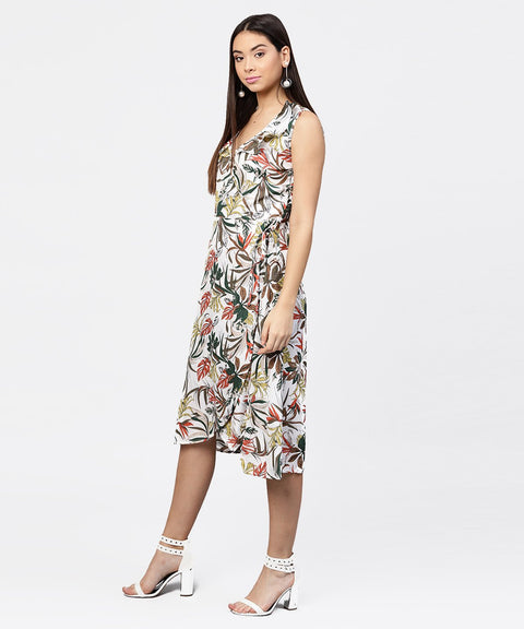 Multi printed sleeveless V-neck short A-line dress