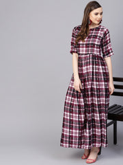 Purple check printed half sleeve maxi dress