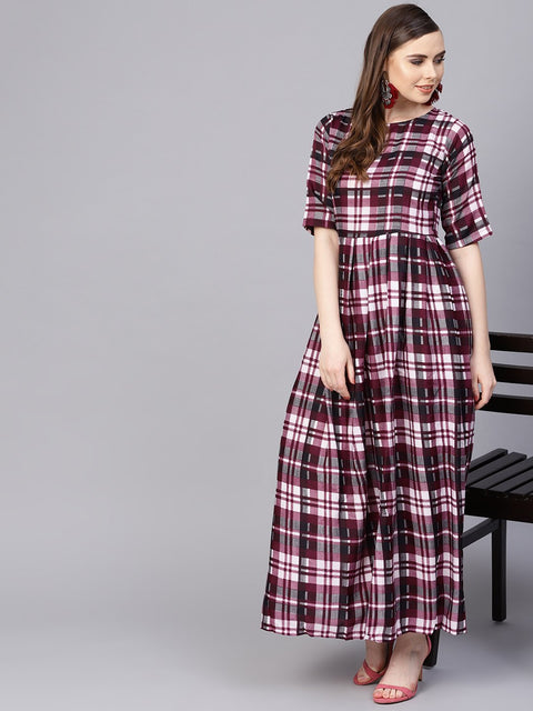 Purple check printed half sleeve maxi dress