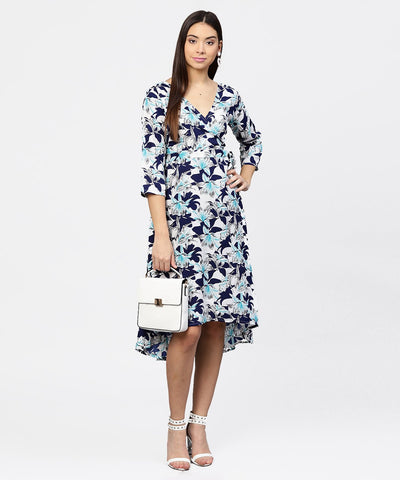 Blue floral printed 3/4th sleeve midi a-line dress