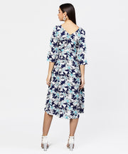 Blue floral printed 3/4th sleeve midi a-line dress