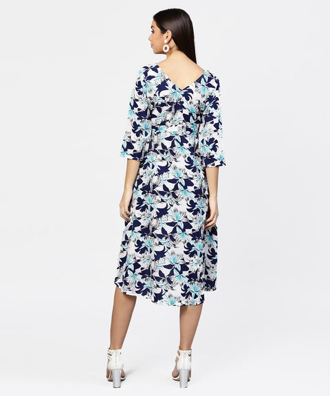 Blue floral printed 3/4th sleeve midi a-line dress