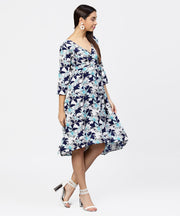 Blue floral printed 3/4th sleeve midi a-line dress