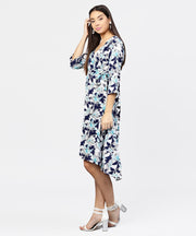 Blue floral printed 3/4th sleeve midi a-line dress