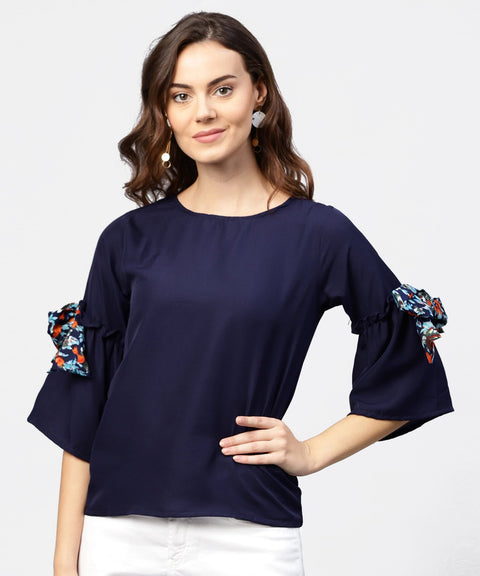 Solid Round neck top with flared 3/4th pinted knotted style sleeves