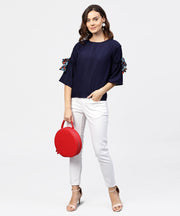 Solid Round neck top with flared 3/4th pinted knotted style sleeves