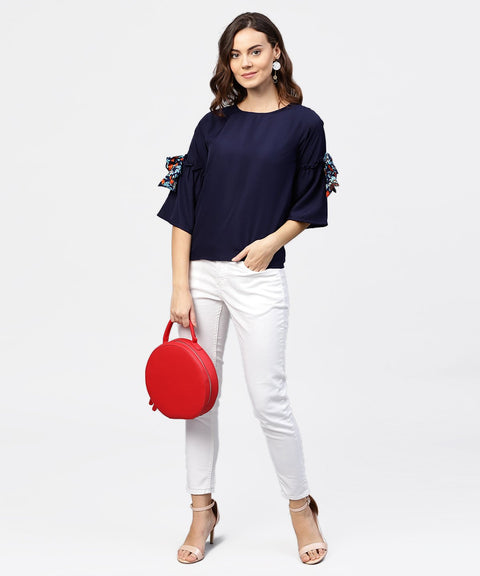 Solid Round neck top with flared 3/4th pinted knotted style sleeves
