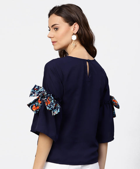 Solid Round neck top with flared 3/4th pinted knotted style sleeves