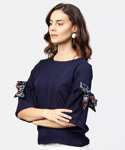 Solid Round neck top with flared 3/4th pinted knotted style sleeves
