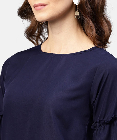 Solid Round neck top with flared 3/4th pinted knotted style sleeves