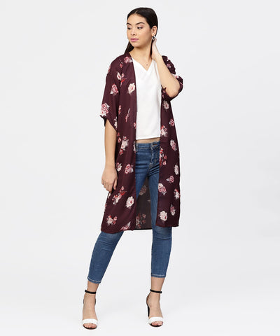 Aasi - House of Nayo solid V-neck Cream Top with Floral Printed Loose-fit 3/4th sleeves Open style Cape