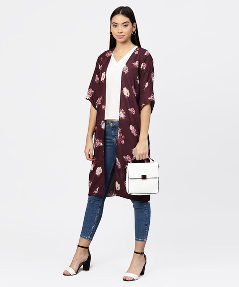 Aasi - House of Nayo solid V-neck Cream Top with Floral Printed Loose-fit 3/4th sleeves Open style Cape