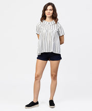 Striped Printed Short-Shirt Collar and Elbow Sleeves A-Lined Top