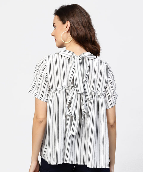 Striped Printed Short-Shirt Collar and Elbow Sleeves A-Lined Top