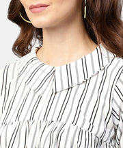 Striped Printed Short-Shirt Collar and Elbow Sleeves A-Lined Top