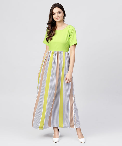 Green Colored Maxi dress with round neck and Half sleeves