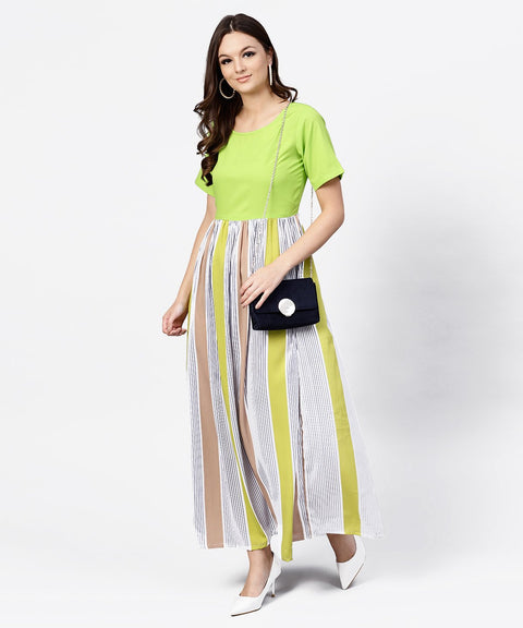 Green Colored Maxi dress with round neck and Half sleeves