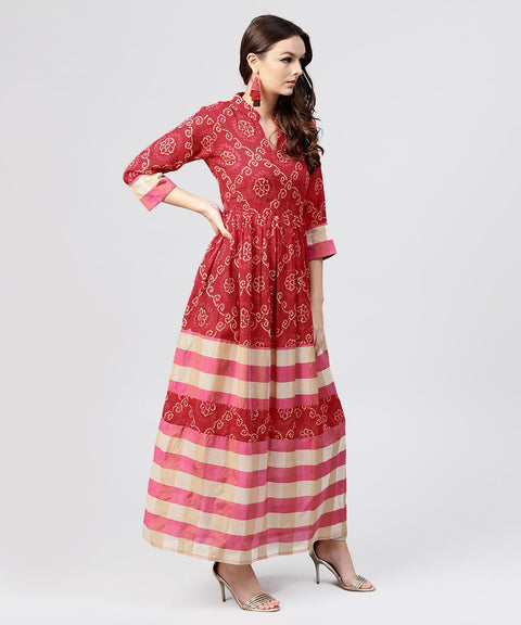 Red printed dress with mandarin collar and 3/4 sleeves