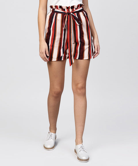 Multi colored striped shorts with fabric belt