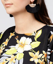 Black printed half sleeve tops with yellow calf length skirt with belt