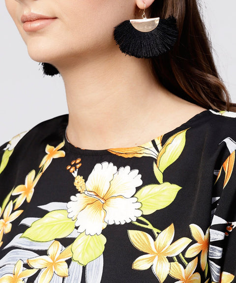 Black printed half sleeve tops with yellow calf length skirt with belt