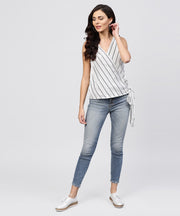 white and grey striped Cotton top with v-neck