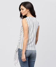 white and grey striped Cotton top with v-neck