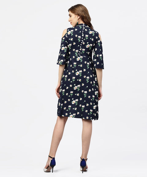 Navy blue printed dress with Round neck and Cold shoulders sleeves