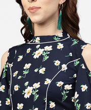 Navy blue printed dress with Round neck and Cold shoulders sleeves