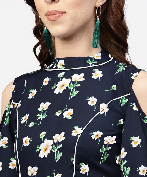 Navy blue printed dress with Round neck and Cold shoulders sleeves