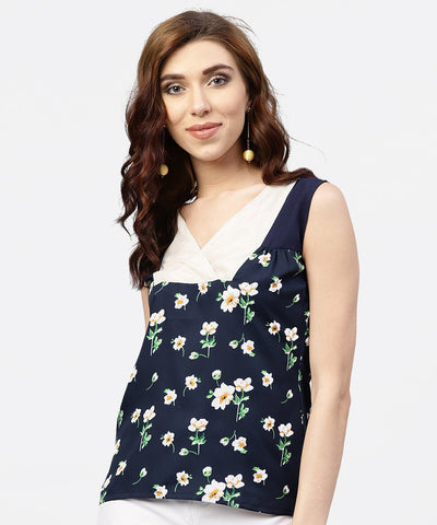 Navy blue floral  printed Sleevless  top with front yoke and V-neck