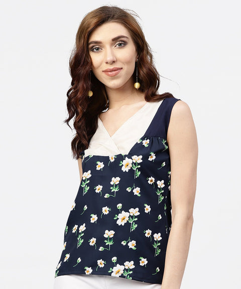 Navy blue floral  printed Sleevless  top with front yoke and V-neck