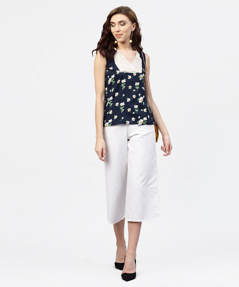 Navy blue floral  printed Sleevless  top with front yoke and V-neck