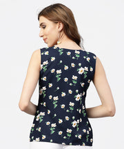 Navy blue floral  printed Sleevless  top with front yoke and V-neck